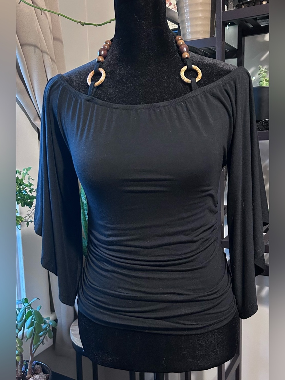 ROMWE Black Off-Shoulder Ruched Tunic with Flutter Sleeves
